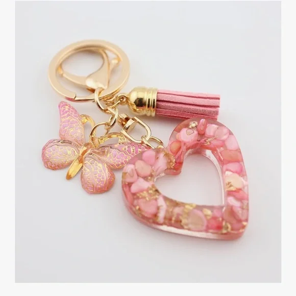 🆕 Heart Resin Keychain with Tassel and Butterfly Charm Bag Accessory for Purse - Picture 3 of 6